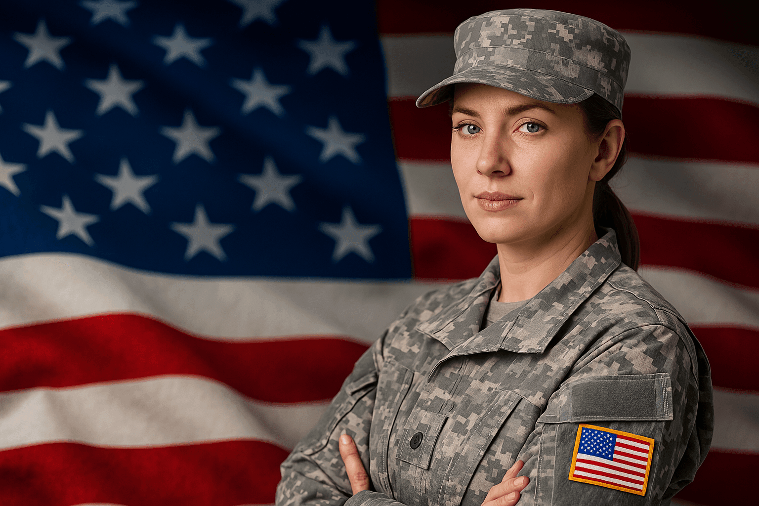 Woman in military uniform with American flag patch standing in front of the U.S. flag backdrop.
