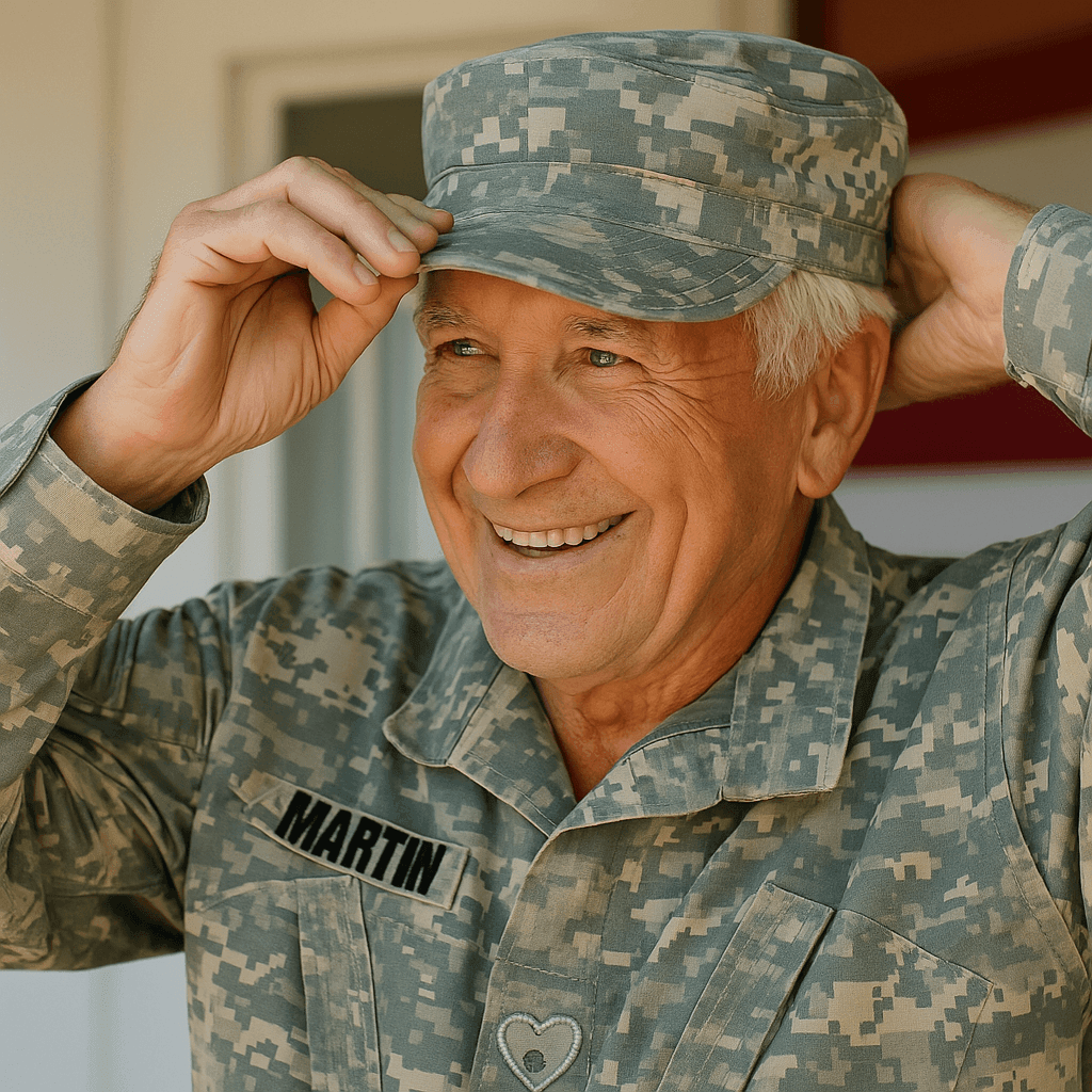 Smiling elderly man in digital camo uniform adjusting his cap.