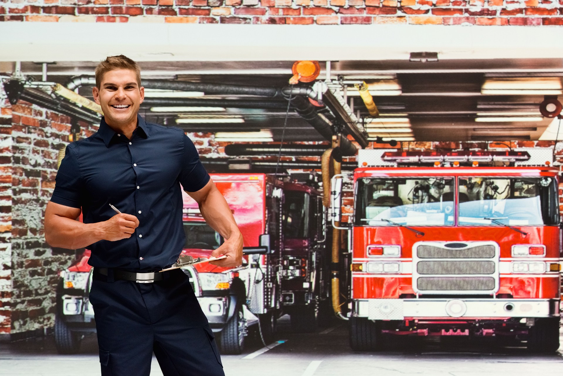 Caucasian young male emergency services occupation rescuing and holding contract